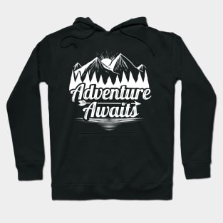 Sunrise In The Mountains Logo Adventure Awaits On Camping Hoodie